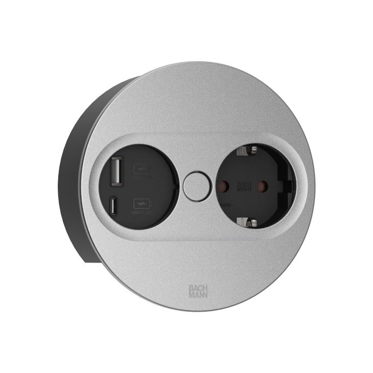 TWIST 2 Ronde (1x Schuko + 1x USB charger A/C 22W) Argent mat + câble 2mtr