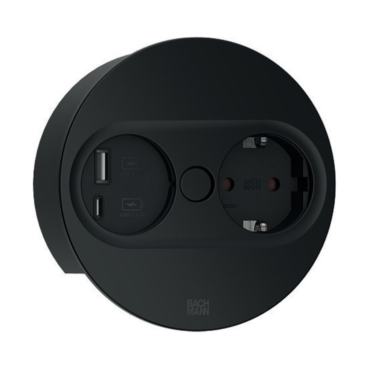 TWIST 2 Ronde (1x Schuko + 1x USB charger A/C 22W) Noir mat RAL9005 + câble 2mtr