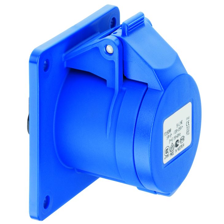 Prise CEE sur embase, droite, IP44, 16 A, 3 pôles, 230 V, 6h, bleu