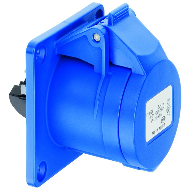 Prise CEE sur embase, droite, IP44, 16 A, 3 pôles, 230 V, 6h, bleu