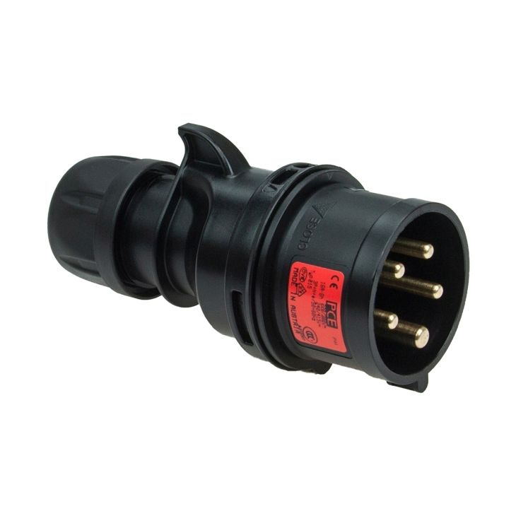 Fiche CEE mâle, noir, IP44, 32 A, 4 pôles, 400 V, 6h, rouge